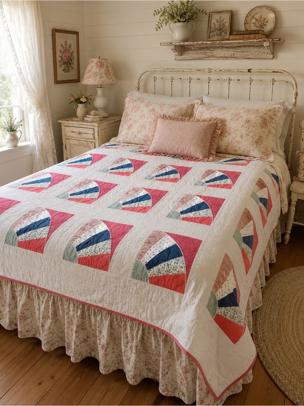 Vintage-Pink Fan Grandma Handstitched  Patchwork Quilt - Signed & dated 1980